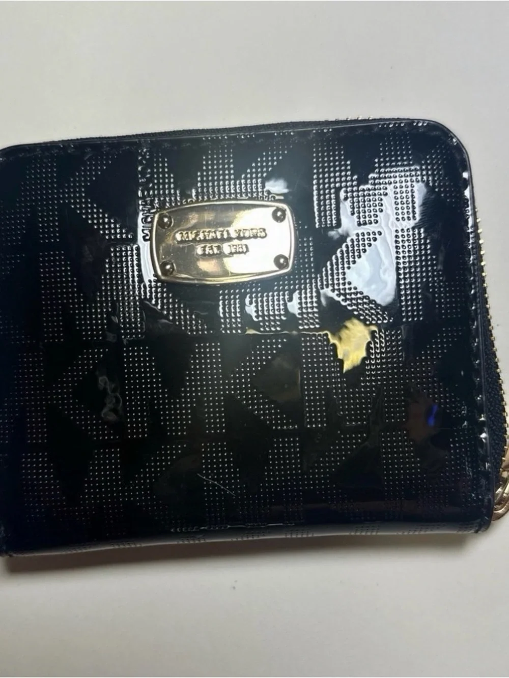 Michael Kors Black Patent Zip Around Card Holder with Gold Plate